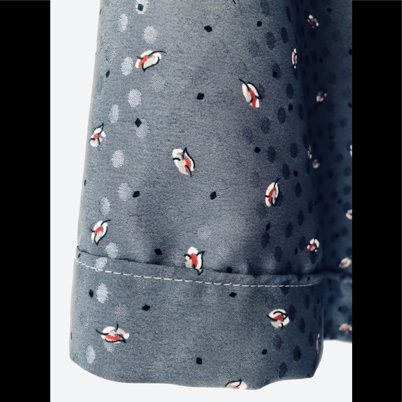 Kimono style silky mini print robe. slate gray Black piping trim OS - Picture 10 of 15